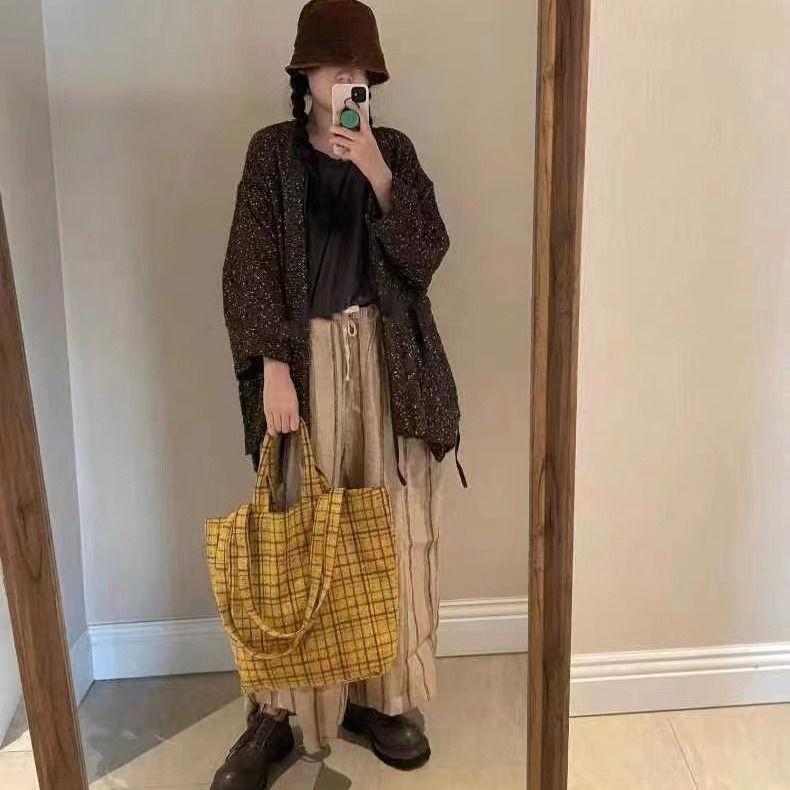 Autumn Winter Vintage Ginger Yellow Plaid Large Capacity Tote Bag Commuter Versatile Handheld Shoulder Underarm Bag