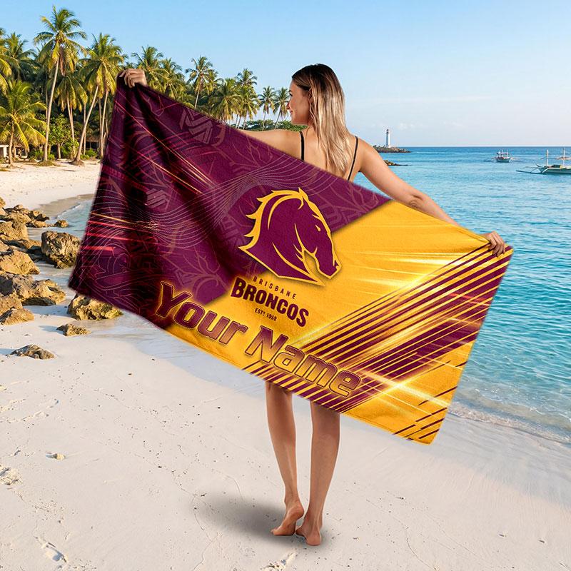 Brisbane Broncos Customized Name Text Beach Towel, Soft Absorbent Towel Beach Pool Travel Personal Gift