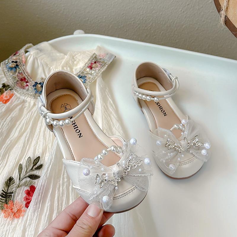 

Девочки Полубосоножки Сетка Кружево Банты Милые Бабочки Детская Танцевальная Обувь Свадебные Модные 2025 Лето Девочки Туфли Принцессы Жемчуг 23 бежевый
