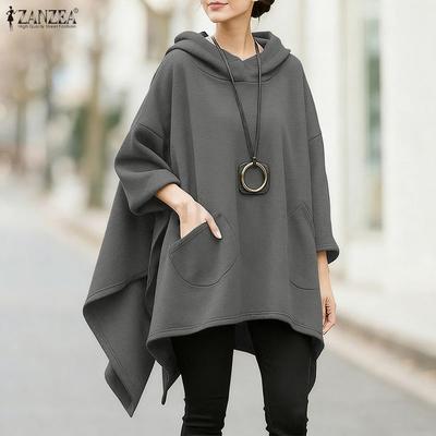 Women Hoodies Casual 3/4 Sleeve Loose Irregular Hem Hooded Tops