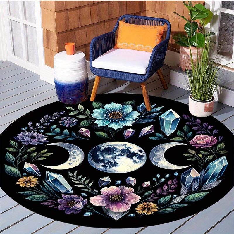 Floral Celestial Round Carpet, Polyester Black Background with Vibrant Flowers Planets for Living Room Home Decor