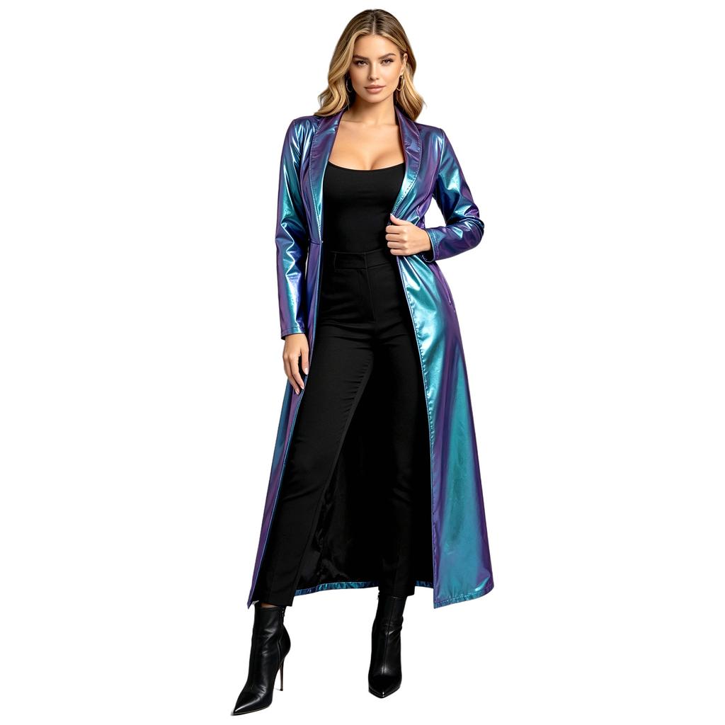 Ladies Shiny Metallic Trench Coat Turn-down Collar One Button Ankle Length Long Coat for Street Club Party Daily