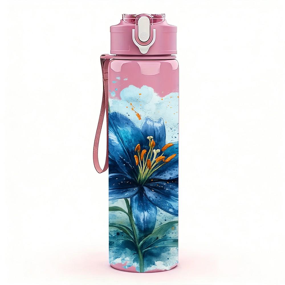 1PC Blue Poppy Watercolor Flower Pattern 750ml Color Plastic Sports Water Bottle Leakproof Flip Straw Lid Suitable for Sports Office Home Use