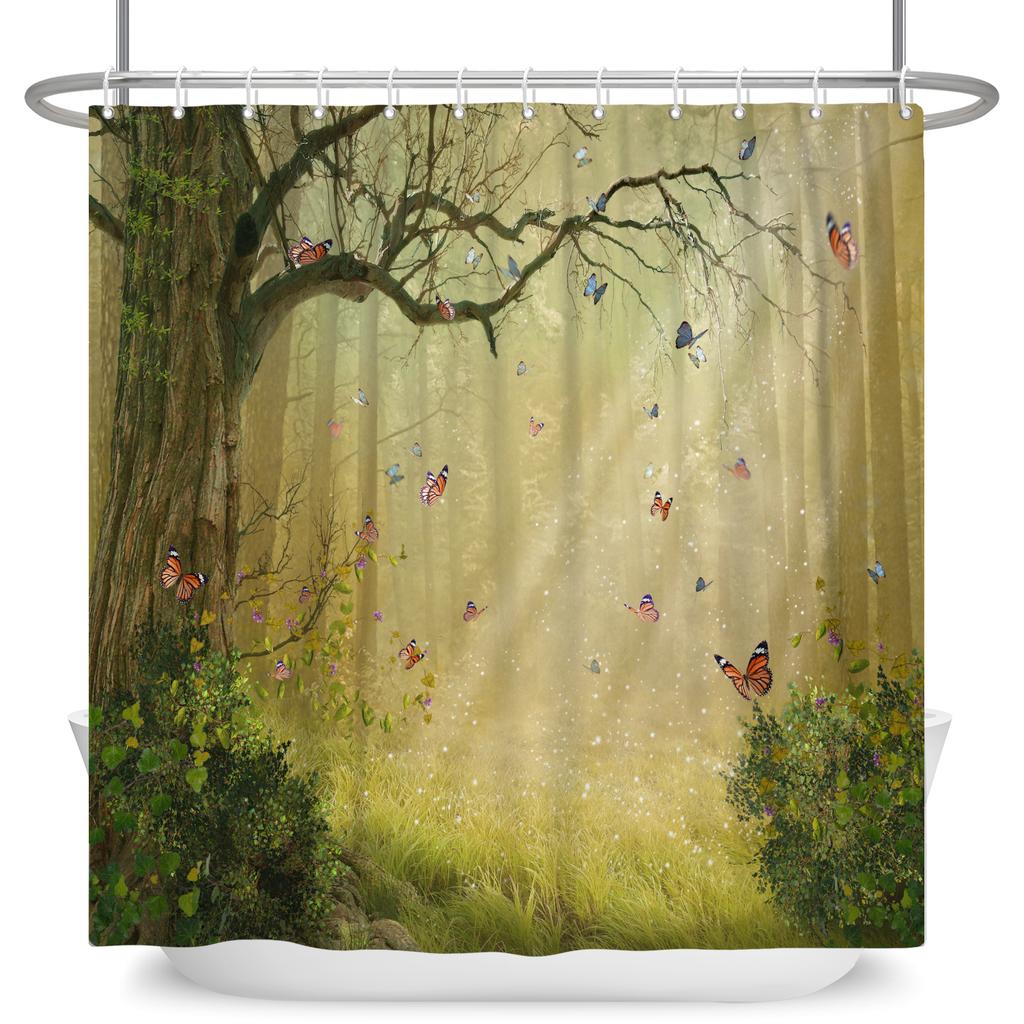 Tropical Forest Shower Curtain Natural Scenery Waterproof Trees Moss Bathroom Partition Screen Bath Curtain Polyester With Hooks