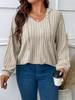 Plus Size Women Ribbed Knit Hooded Top V Neck Drawstring Long Sleeve Loose Casual T Shirt Fall Winter Basic Blouse