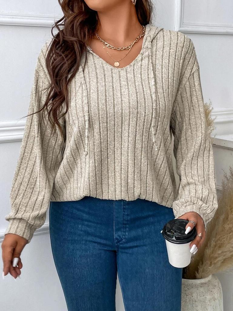 Plus Size Women Ribbed Knit Hooded Top V Neck Drawstring Long Sleeve Loose Casual T Shirt Fall Winter Basic Blouse