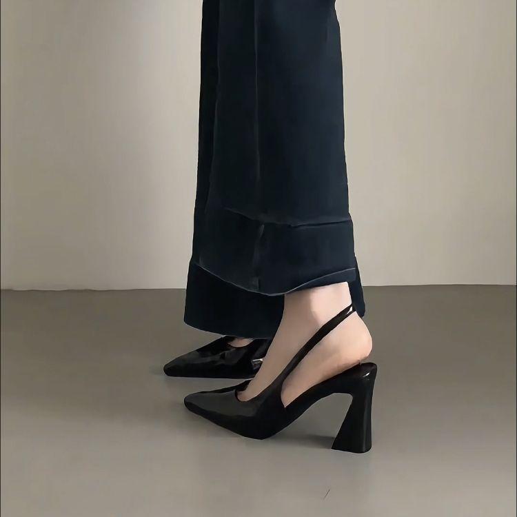 High sense fashion black thick heel bag head sandals femininity high heels back strap pointed tip beautiful fashion shoes