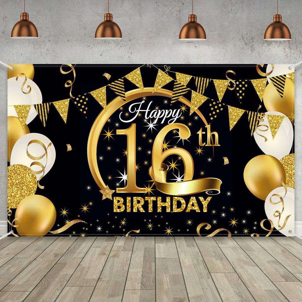 Birthday Party Decoration Extra Large Fabric Black Gold Sign Poster for Anniversary Photo Booth Backdrop Background Banner, Birthday Party Supplies,