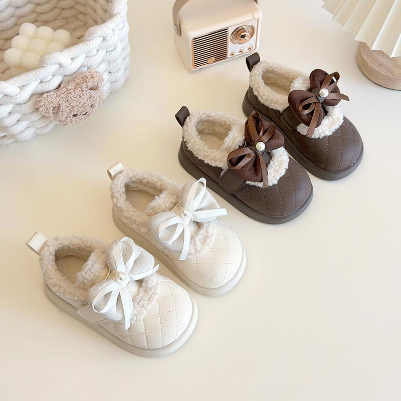 Girls' Winter Cotton Loafers with Bows - Cozy Low-Top Furry Shoes for Toddlers and Kids