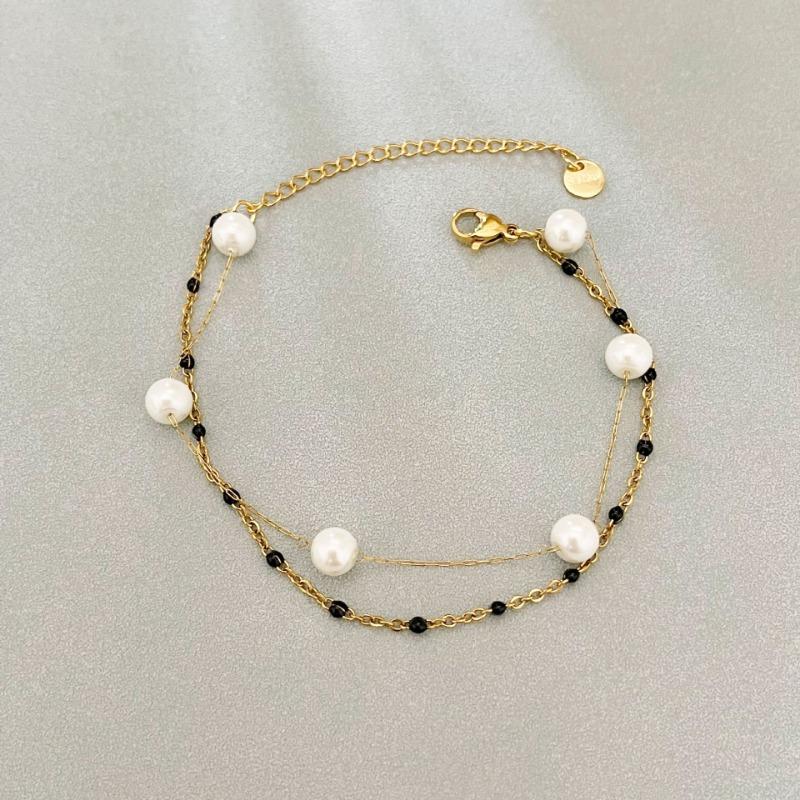 Gold Double Layer Pearl Black Bead Bracelet – Elegant Pearl Chain Jewelry, Vintage Party Gift for Women чёрный