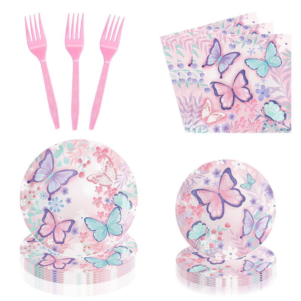 Pink Butterfly-Themed Birthday Party Set: Disposable Banners, Tableware, Paper Cups, and Paper Plates for Decorations and Party Setup