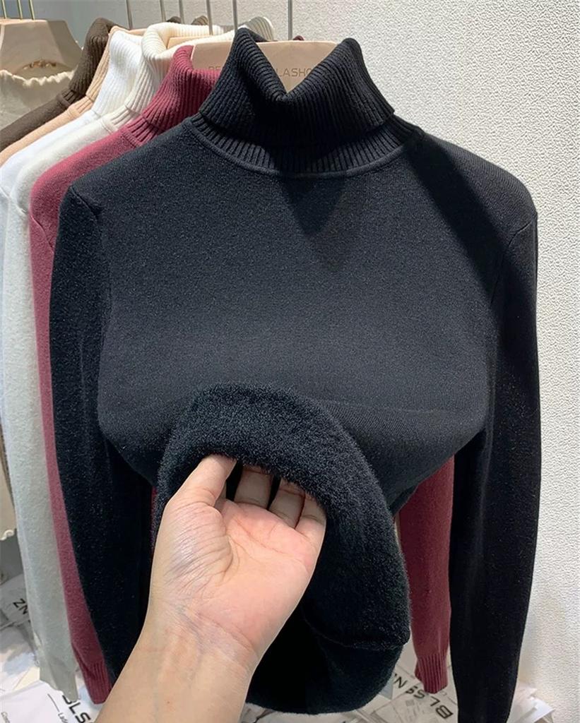 Turtleneck Winter Sweater Women Elegant Thicken Velvet Lined Warm Sueter Knitted Pullover Slim Tops Jersey Knitwear Jumper New