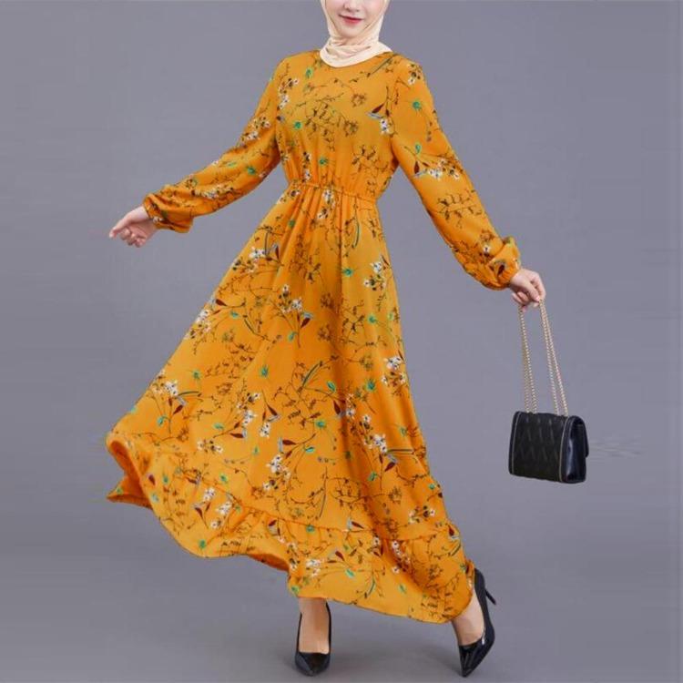 Damen Böhmisches Langes Maxi-Kleid Muslimisch Lässig Sommer Frühling Einfarbig Lange Ärmel Rundhals Weibliche Kleider Dropshipping