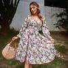 Summer new square neck horn long sleeve high waist dress loose long dress