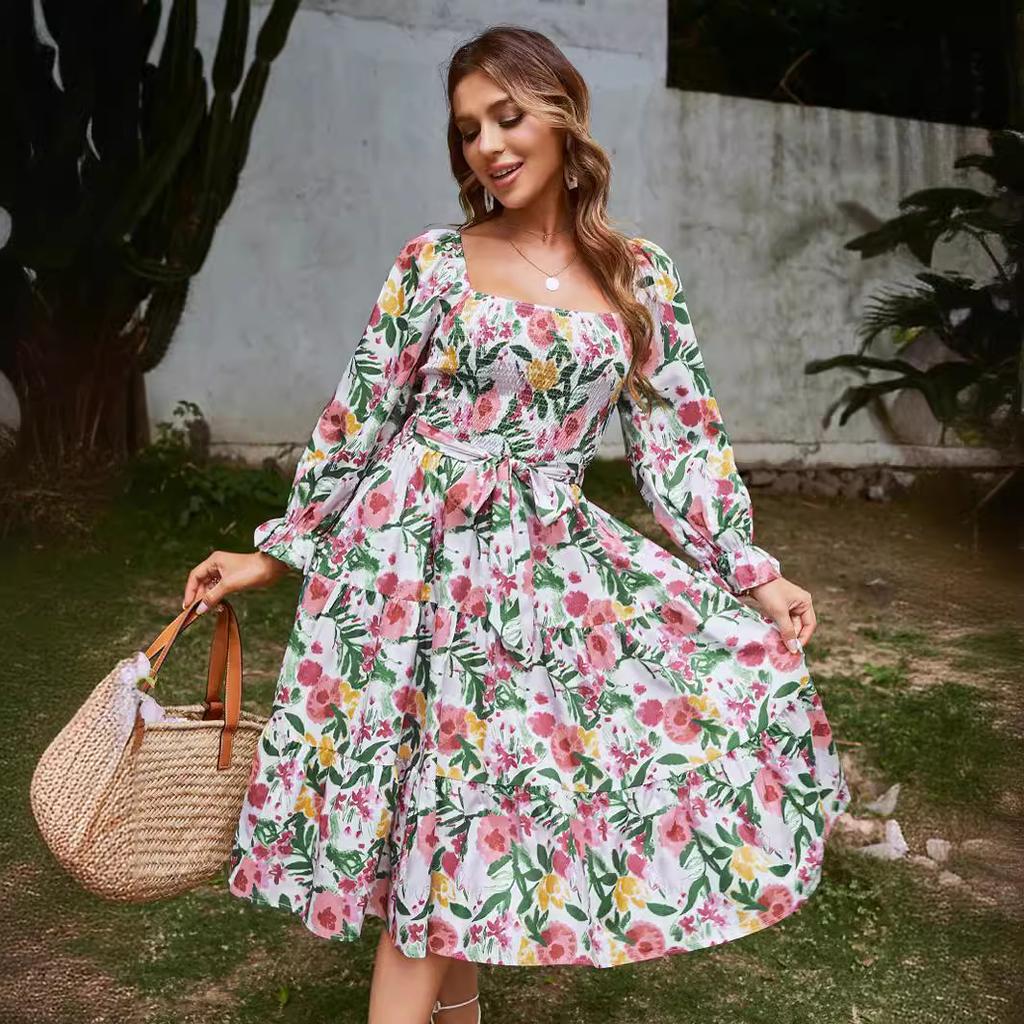 Summer new square neck horn long sleeve high waist dress loose long dress