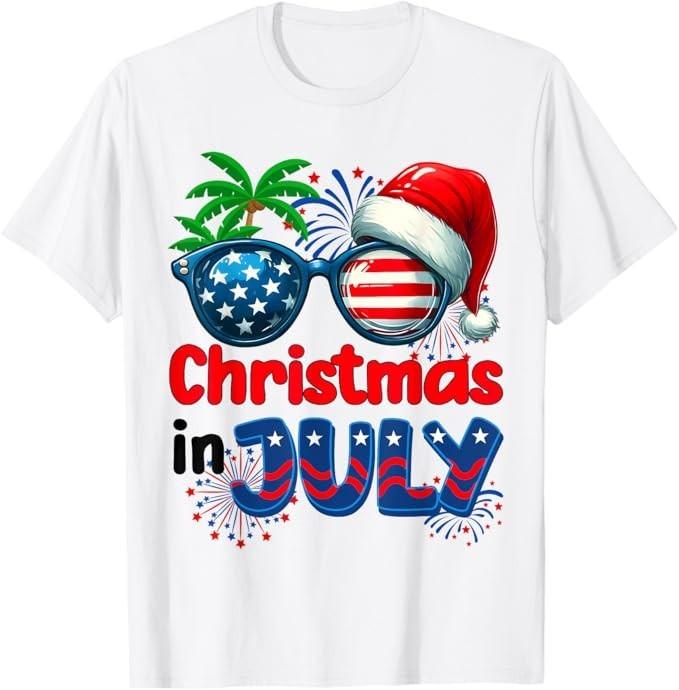 Christmas In July Summer Beach Hawaii Santa USA Flag Mens T-Shirt