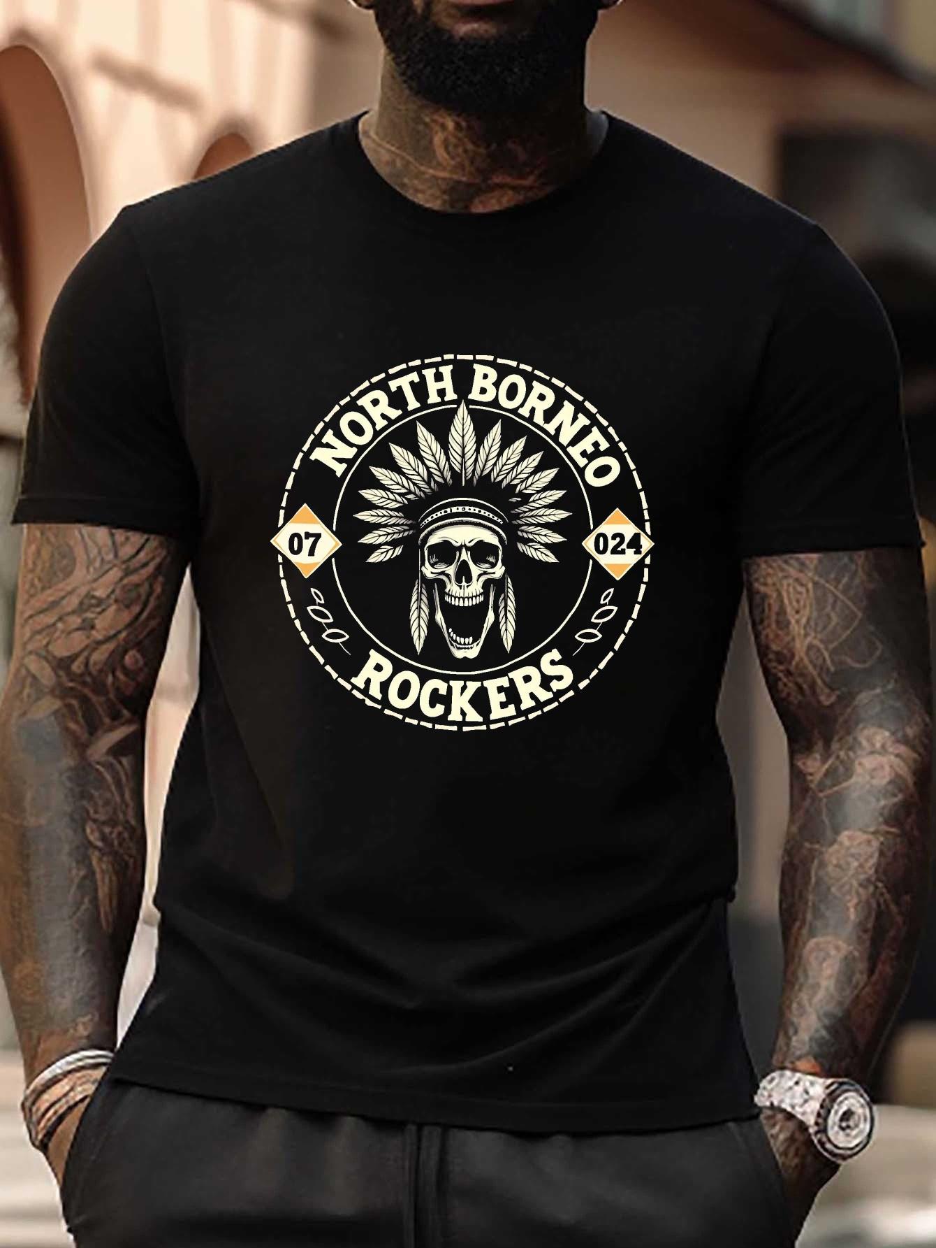 Plus Size North Borneo Rockers Skull Graphic T-shirt - Black Casual Summer Tee with Geometric Design S