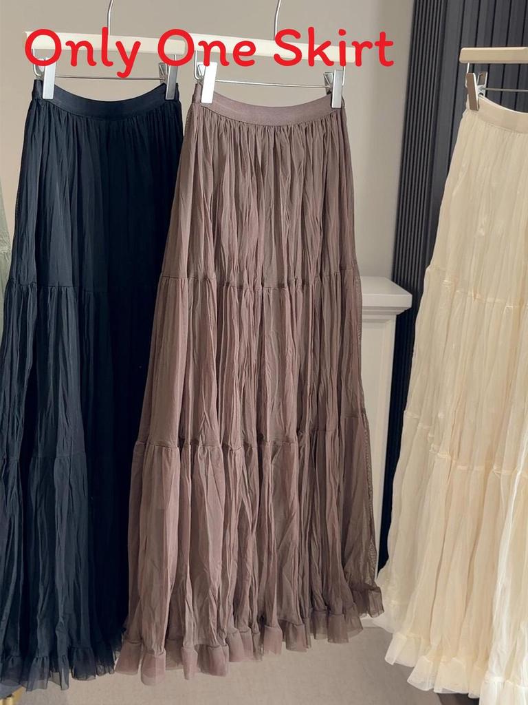 Pure Color Mesh Panel Long Skirt With Pleats For Casual Womens Fashion
