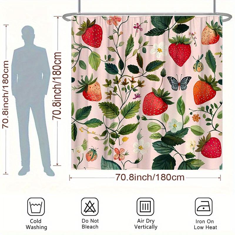 Strawberry & Floral Shower Curtain - Red Strawberries, Green Leaves, Blossoms, Butterflies & Ladybugs,Polyester,70.8X70.8 Inches