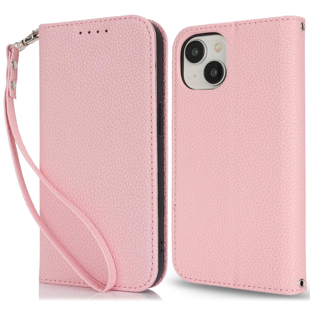 Stand Case for iPhone 14/13 Litchi Texture Leather Flip Phone Cover with Strap/Wallet