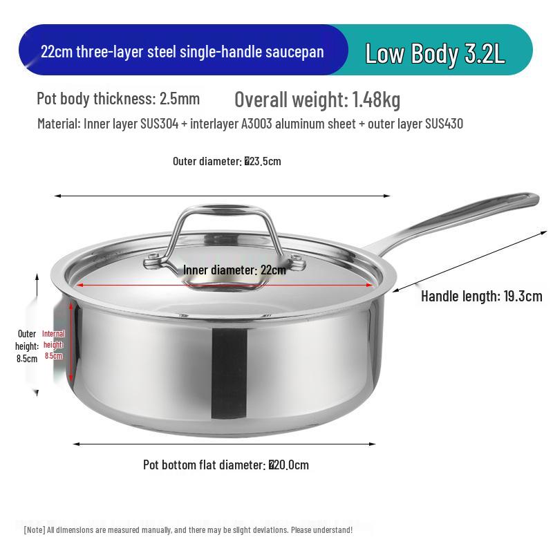 304 Stainless Steel Three-Ply Saucepan with Single Handle for Induction, Ideal for Baby Food, Noodles, and Household Cooking.