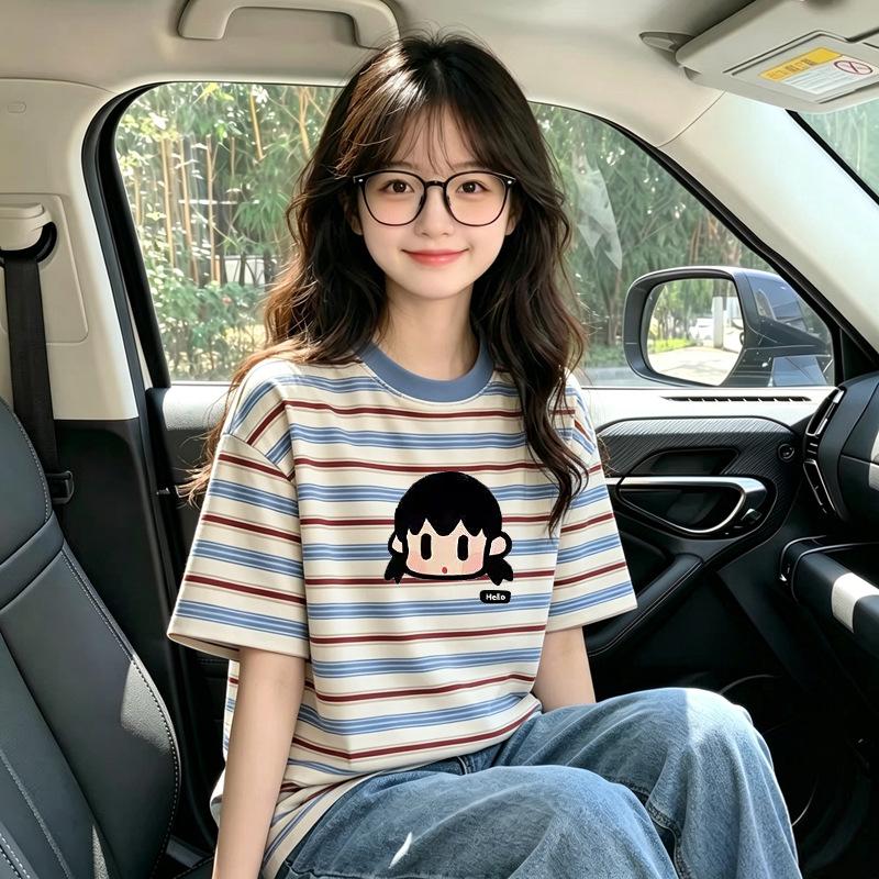 Korean Style Girls' Striped Short-Sleeve T-Shirt, Summer Fashion for Ages 6-12, Loose Fit Versatile Top
