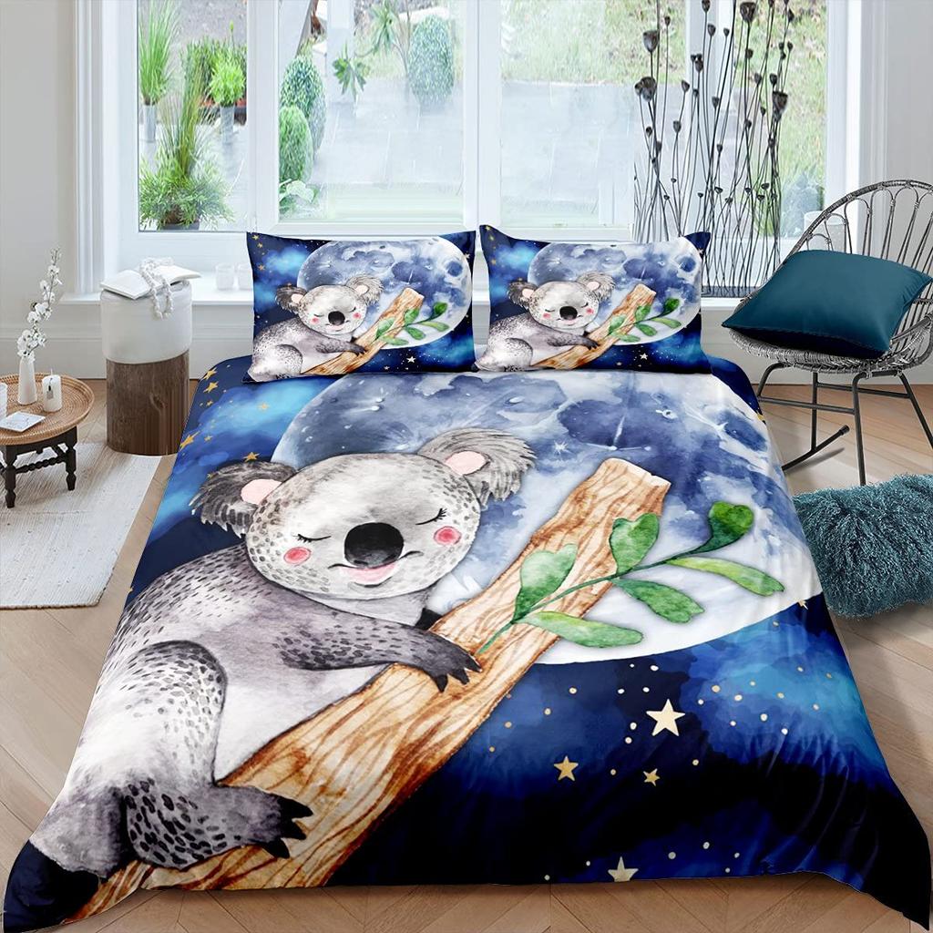 Cartoon Koala Kids Bedspread Cover, Lovely Koala Comforter Cover For Children Toddler Nursery Charming Bear Quilt Cover With Pillowcase