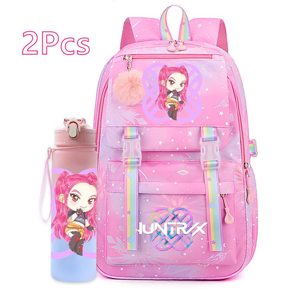 2Pcs/set Anime K-pop Printed Backpack with 750Ml Water Bottler Large Capacity Travel Bag for Teenager Girl Boy Bookbag Kid Gift Large Capacity Bag