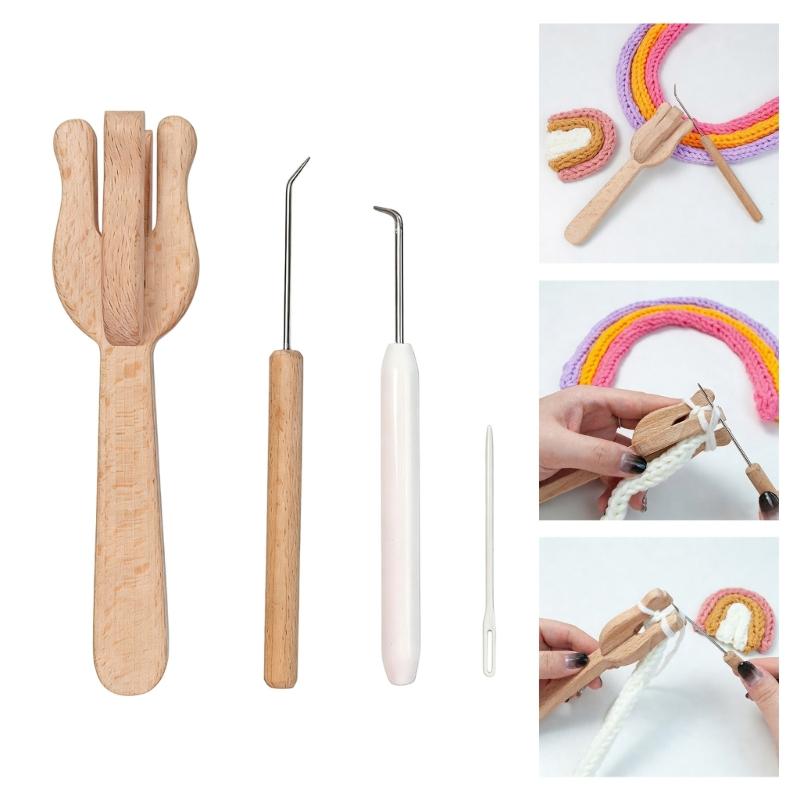 4 Pegs Wooden Knitting Fork With Bent Tip Knitting Hook and Sewing Needle For Scarves Blanket Hat Bag Home Decoration