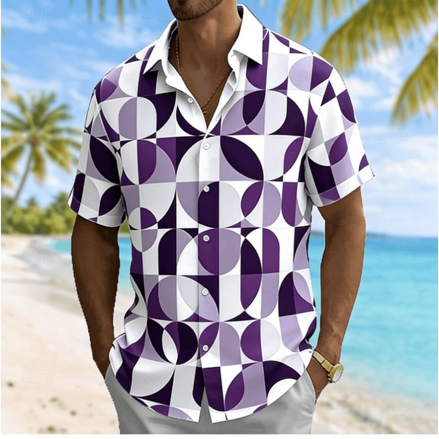 Hot Selling Men's Semi-circular Printed Short Sleeved Summer Casual Vacation Shirt, Loose Top