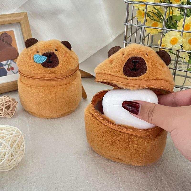 Cute Plush Capybara Zipper Coin Purse Cylindrical Wallet Earphones Lipstick Storage Bag Creative Plush Doll Pendant Girls