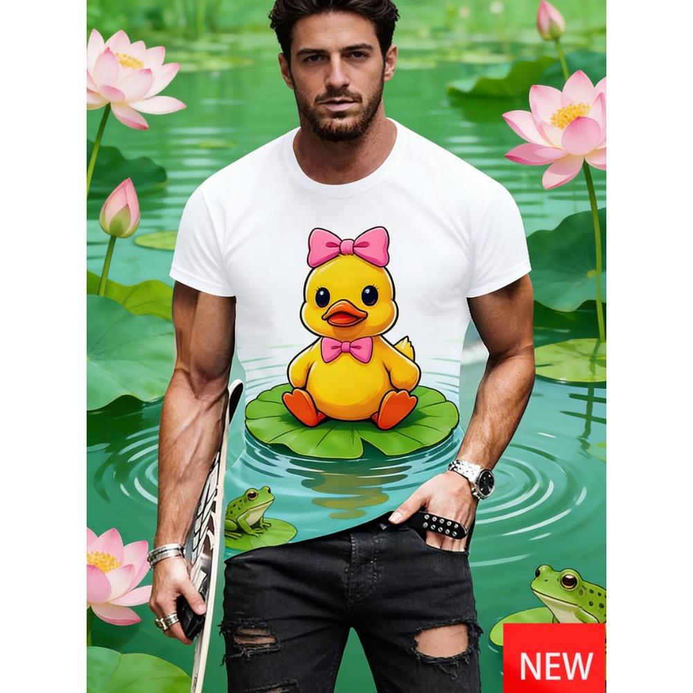 Men's Fun Beach Shirt Summer Vacation Fashionable Duck And Tropical Palm Tree Pattern Tshirt Casual Short Sleeve Oversized Tees