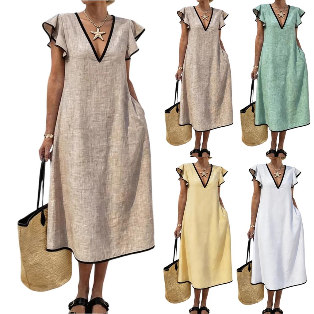 Langes, locker geschnittenes Damenkleid im Boho-Stil mit V-Ausschnitt, Taschen und V-Ausschnitt – perfekt für Urlaub und Strand