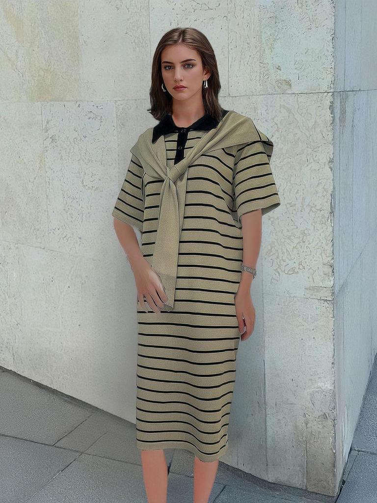 Women's Plus Size Striped Polo Collar Knitted Dress with Shawl - Short Sleeve Long Dress