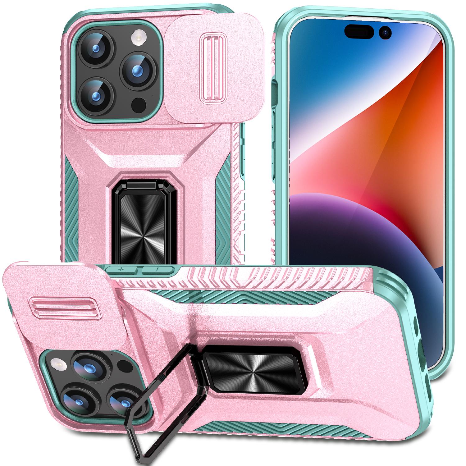

For iPhone 15 Pro Max Case Camshield Kickstand TPU+PC Anti-Slip Phone Cover Pink Grey Green