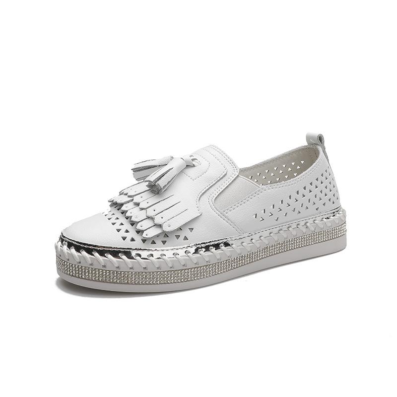 Fashion Women Platform Flats shoes Casual female Genuine Leather Walking flats Loafers for women White crystal Comfort Vacation shoes