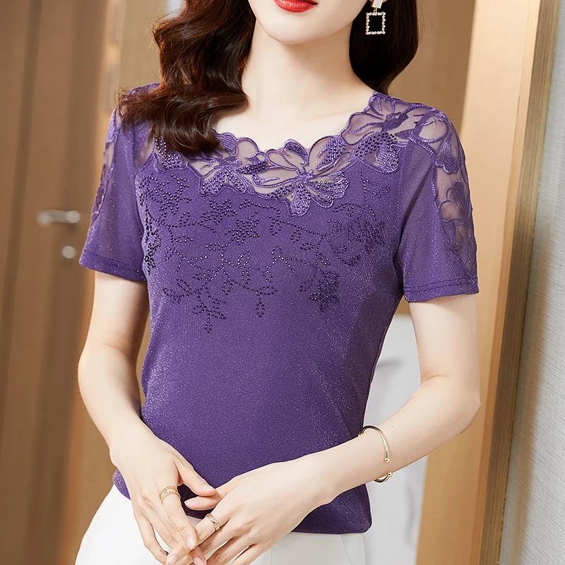 Női Póló Csipke Lyukacsos Hímzett Hálós Pólók Divatos Alkalmi Rövid Ujjú Strasszos Női Ing