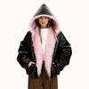 Women's Faux Leather Jacket Pink Faux Fur Trim Hooded Loose Fit Warm Winter Outerwear