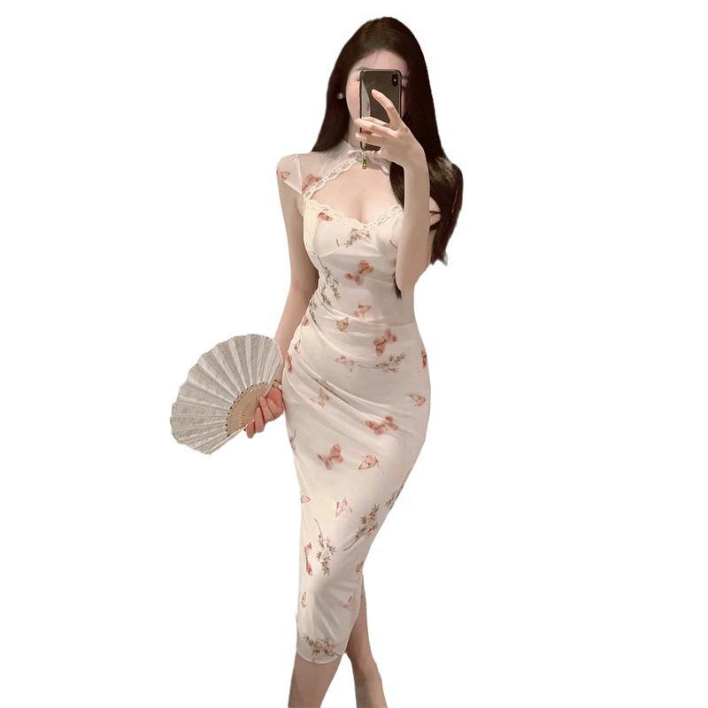 Fustă cheongsam modificată cu margini din dantelă, cu vânt rece, pentru femei, îmbrăcăminte