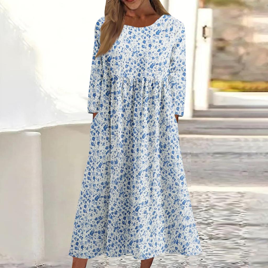 Women's Casual Round Neck Floral Print Midi Dress Long Sleeve Pocket Dress