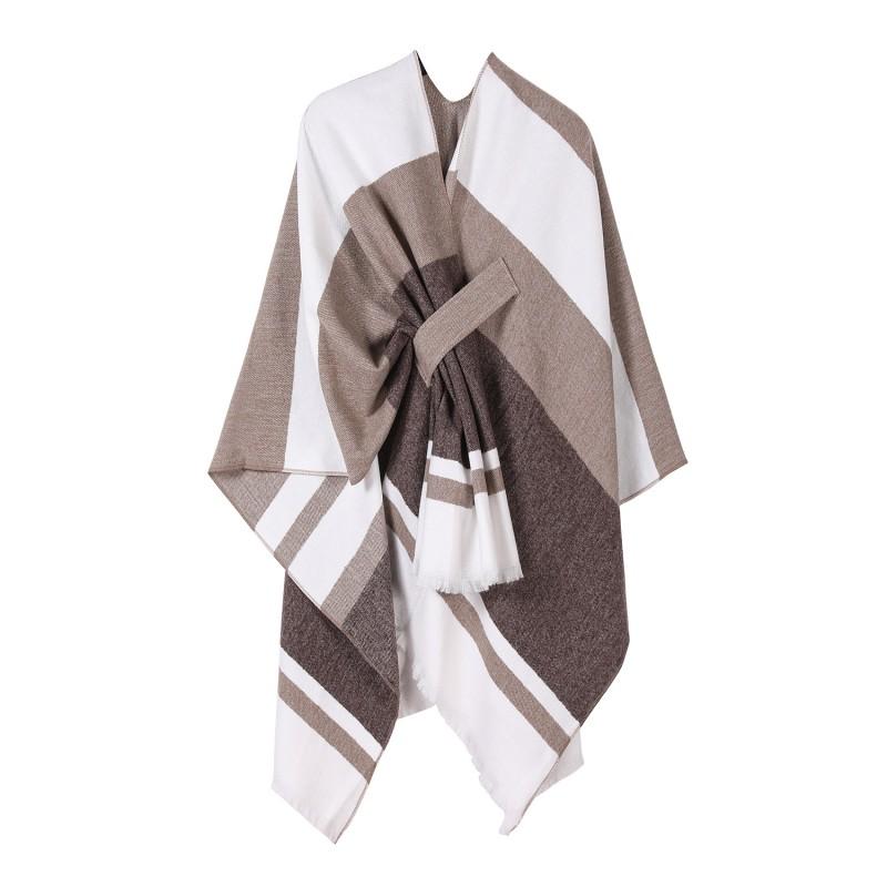 Womens Knitted Faux Cashmere Shawl Wrap With Contrast Stripe Trim Unisex Lightweight Warm Scarf Fall Winter