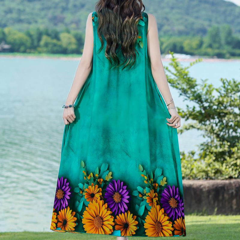 Damen Sommerkleid Vintage Kleidung Lässig Ärmellos Lange Kleider