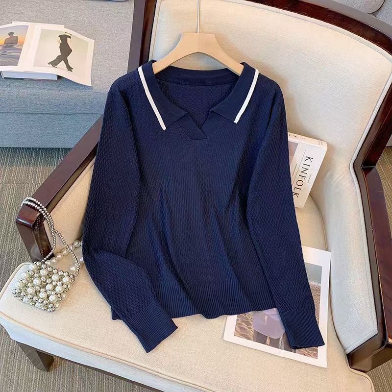 Women's Knitted Sweater Spring/Autumn/Winter Loose Flip Collar Western Style Knitted Sweater Top Mom