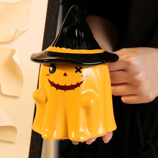Ghost Pattern Ceramic Cup with Elf Hat Lid Halloween Theme Handmade Artwork Mug Daily Use Halloween Drinkware