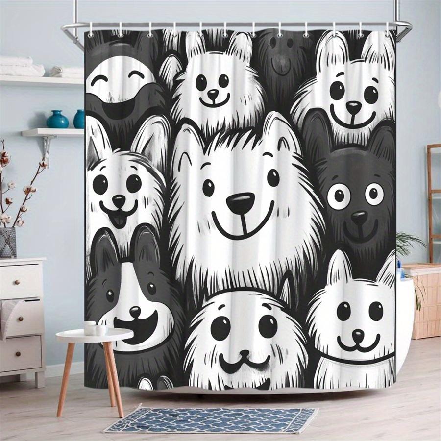1 Whimsical Cartoon Dog Face Shower Curtain - Expressive Black And White Design, Polyester Fabric With Hooks, Machine Washable