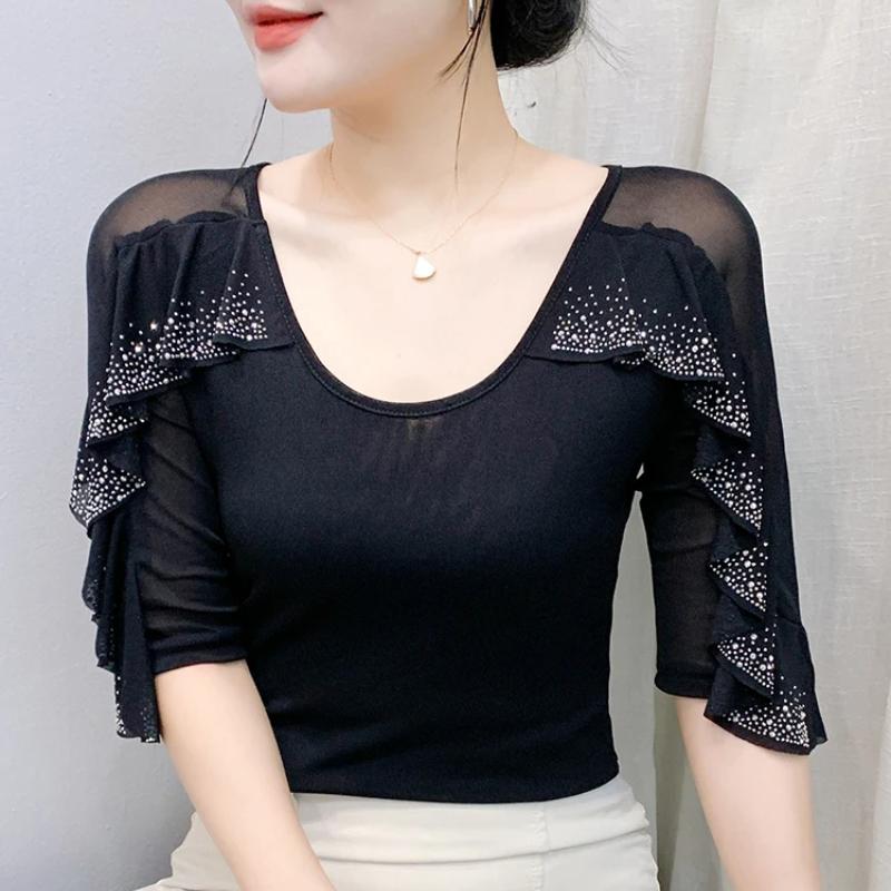 New Summer Streetwear Girl Chic Ruffled Hot Diamonds T-Shirt Clothes Fashion V-Neck Half Sleeved Mesh Tops Women's Tees Blusas
