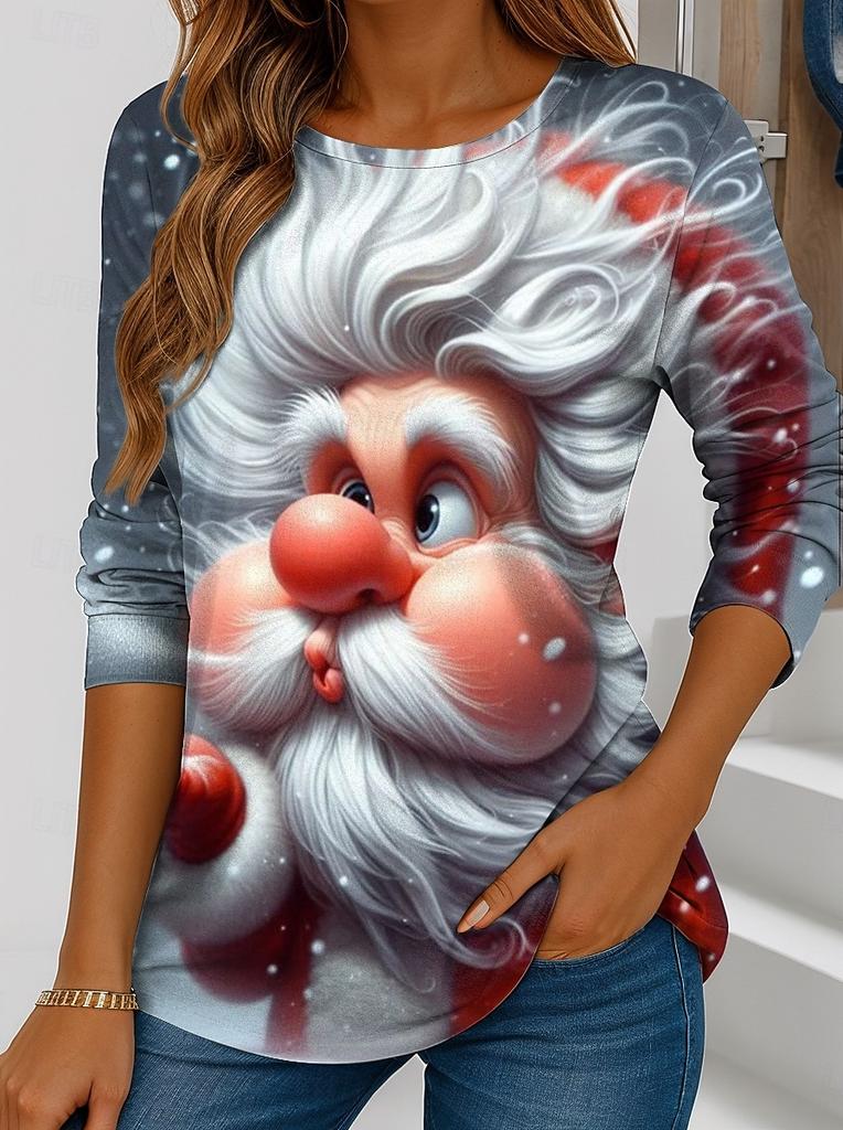 Women's Christmas Santa Long Sleeve, Festive Snowflake Crew Neck, Holiday Graphic Print, Winter Seasonal Casual Top