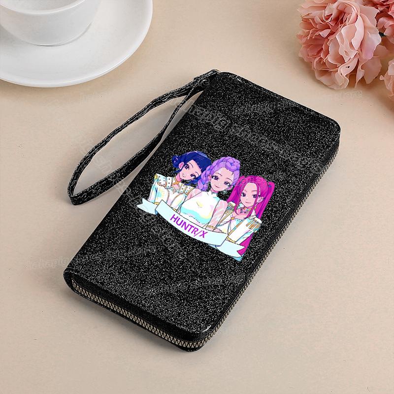 Vysoce kvalitní KPop Lovci démonů Dlouhá peněženka Dámské peněženky na zip Sequin Bling Koženka Kapsa na mince Držák na ID Kartu Dámské Clutch Peněženky