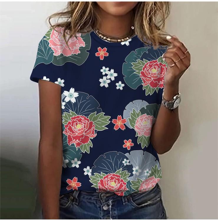 2025 Casual Sports Women's T-shirt Summer New Style Garden Collar Short Sleeve Fresh Floral Loose Lightweight Fabric Casual