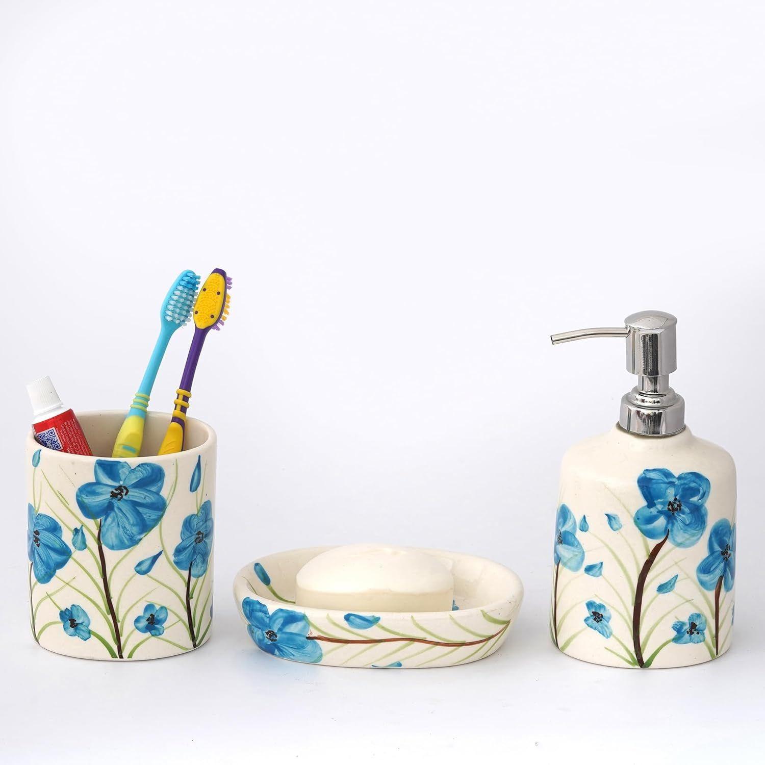 

Премиальный керамический набор аксессуаров для ванной из 3 предметов | Роскошный набор для ванной с дозатором для мыла 300 мл, подставкой для зубных щеток и мыльницей | Предметы декора ручной росписи
